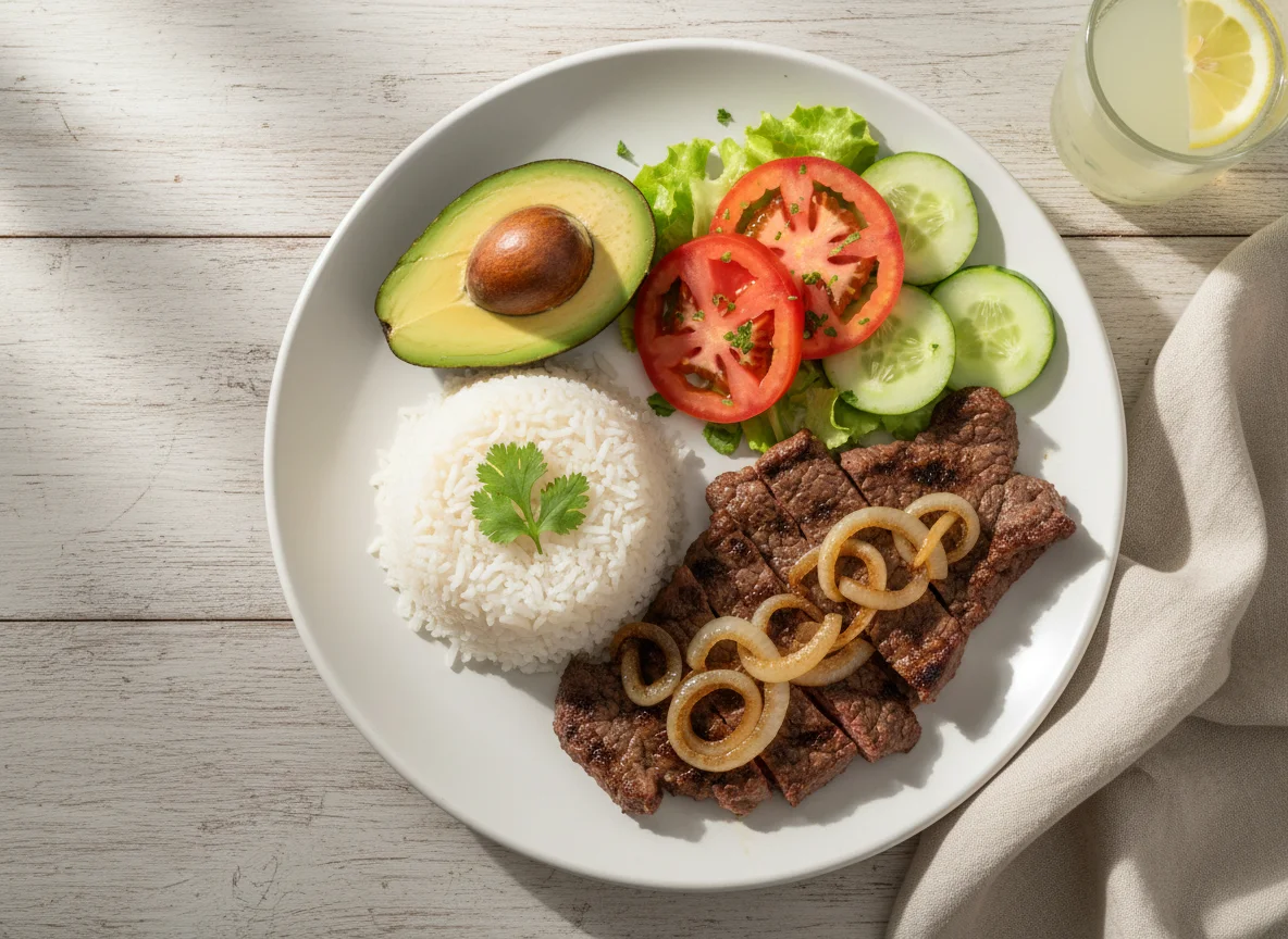 Almuerzo colombiano con carne, arroz, aguacate y ensalada photo