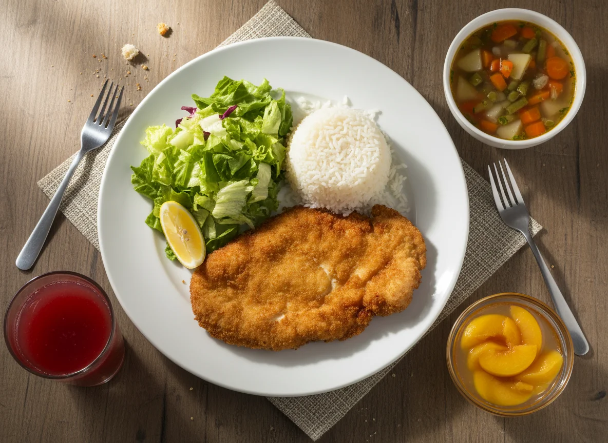 Almuerzo completo con milanesa, arroz, ensalada y sopa photo