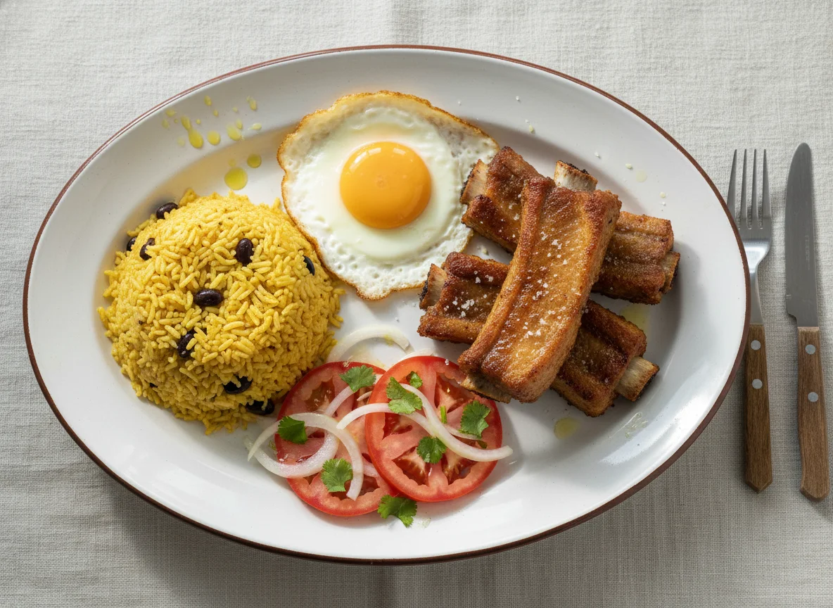 Almuerzo con arroz, carne frita, huevo y ensalada photo