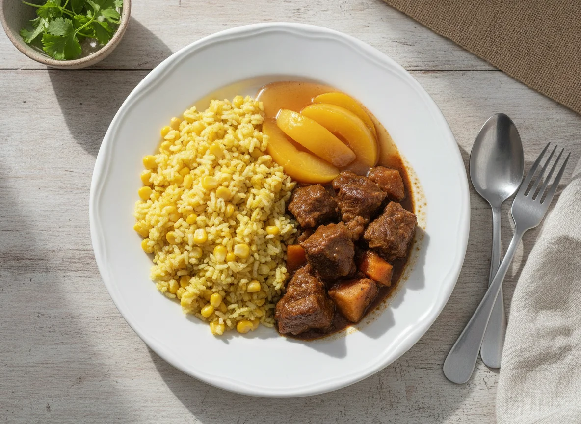 Almuerzo con arroz, carne y fruta photo