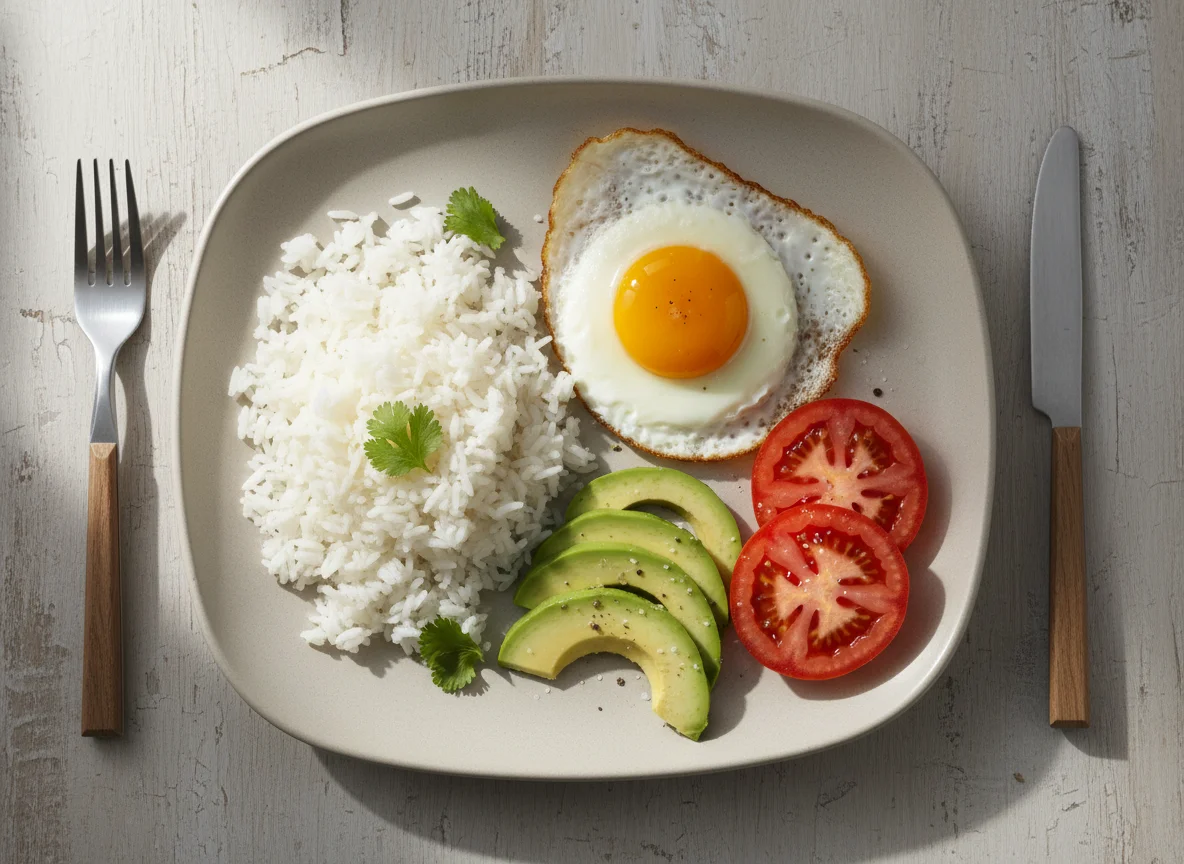 Almuerzo con arroz, huevo, aguacate y tomate photo