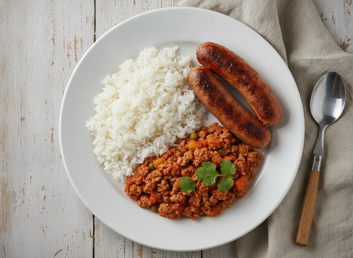 Almuerzo con arroz, salchichas y picadillo photo