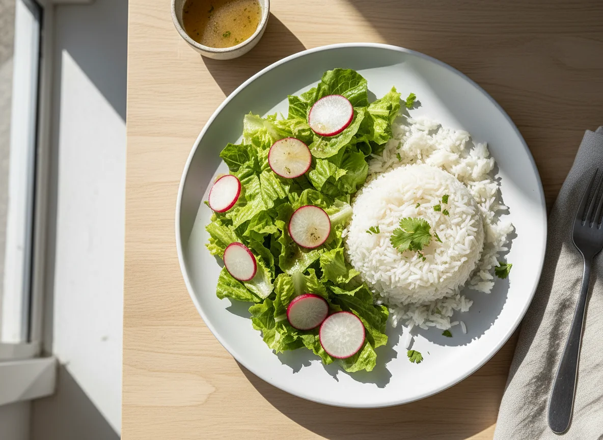 Almuerzo con arroz y ensalada photo
