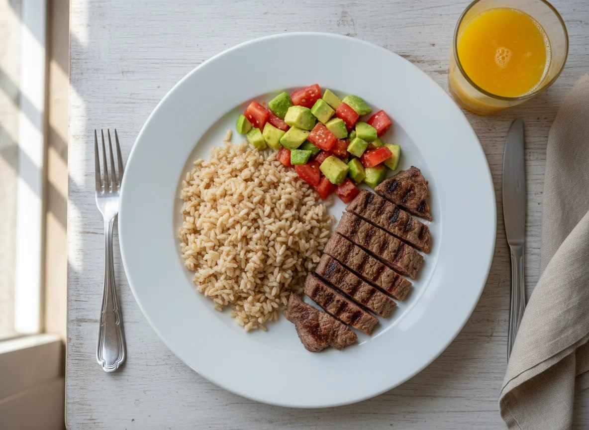 Almuerzo con carne, arroz, ensalada y jugo photo