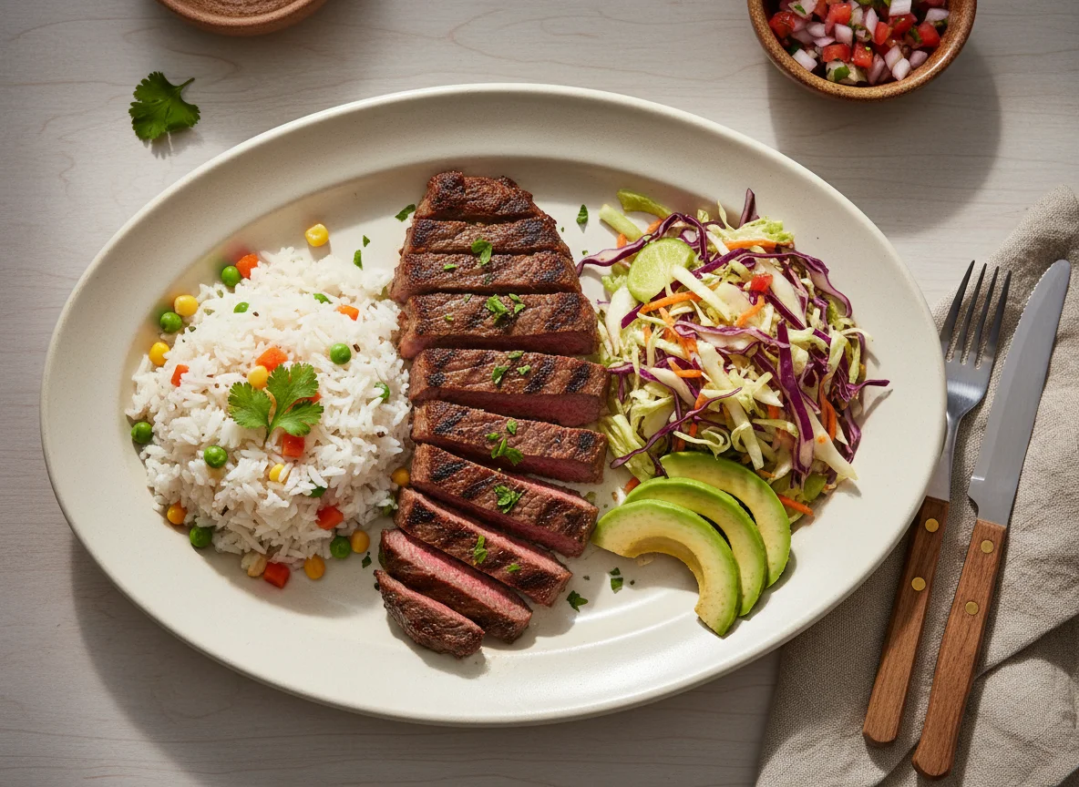 Almuerzo con carne, arroz y ensalada photo