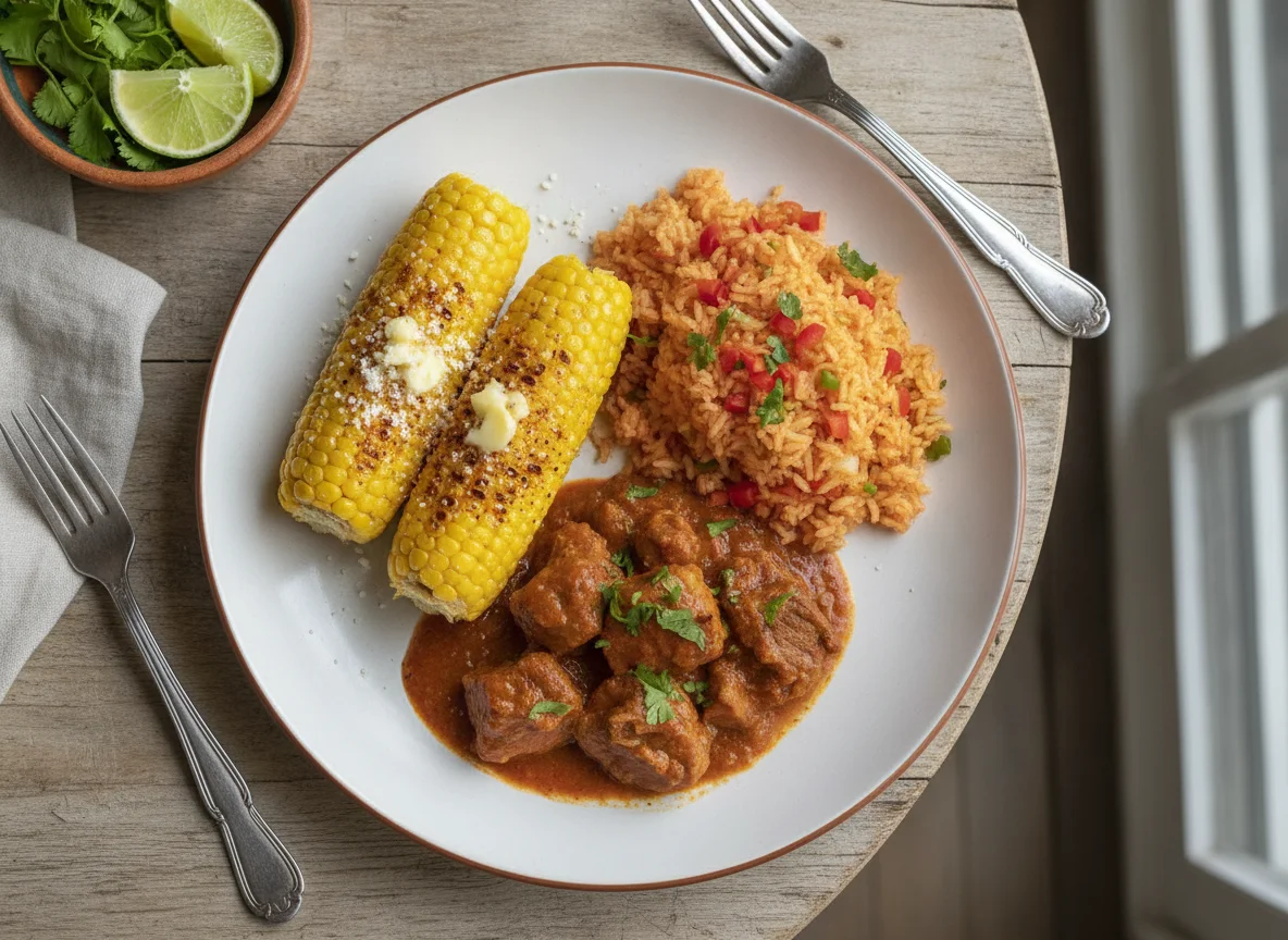 Almuerzo con carne de cerdo, arroz y elote photo