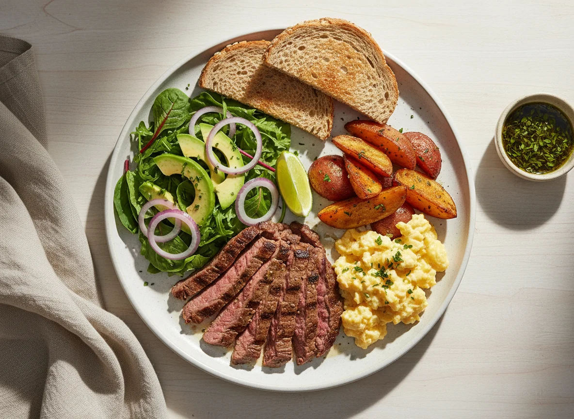 Almuerzo con carne, ensalada y desayuno photo