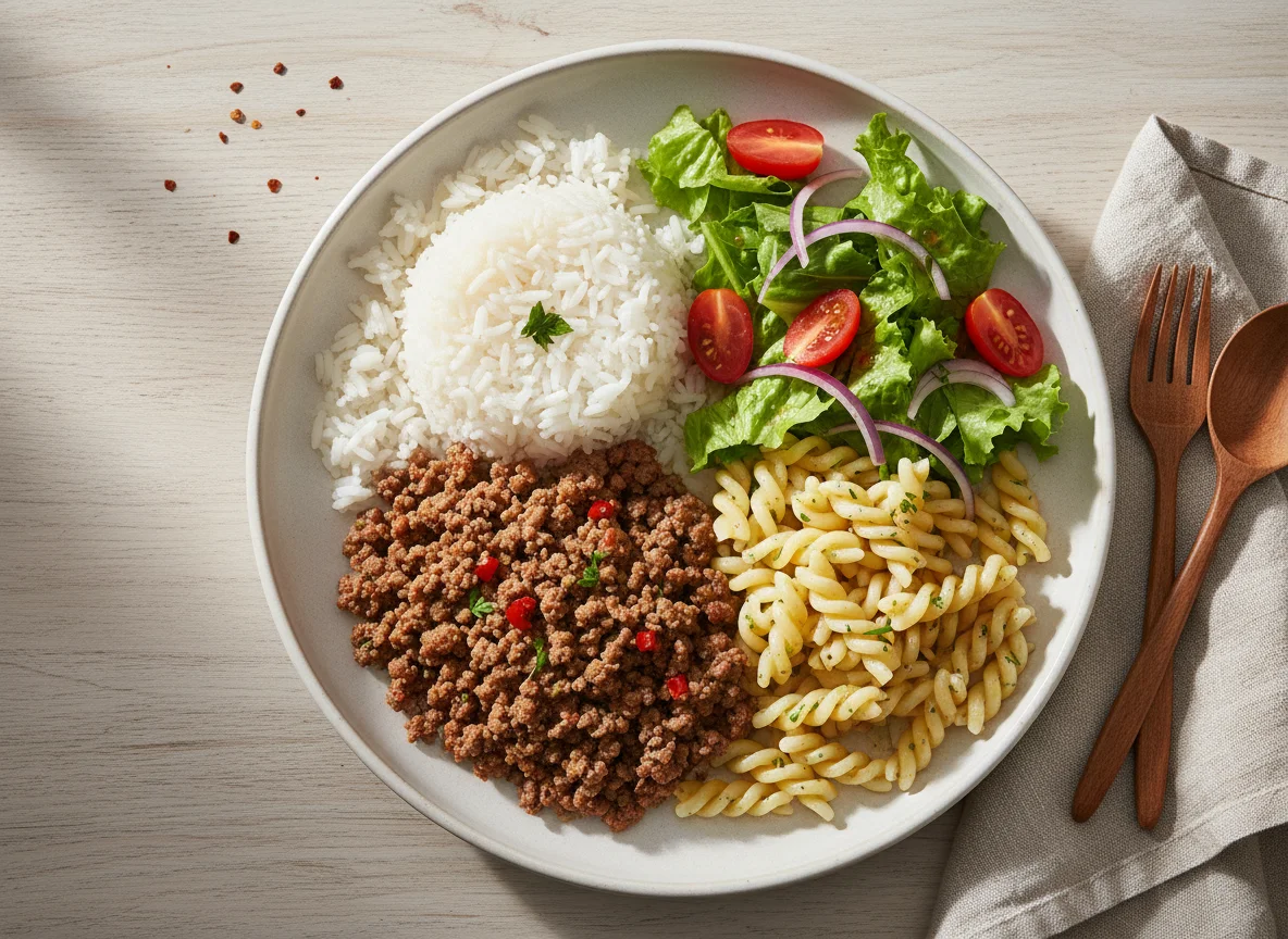 Almuerzo con carne molida, arroz, pasta y ensalada photo