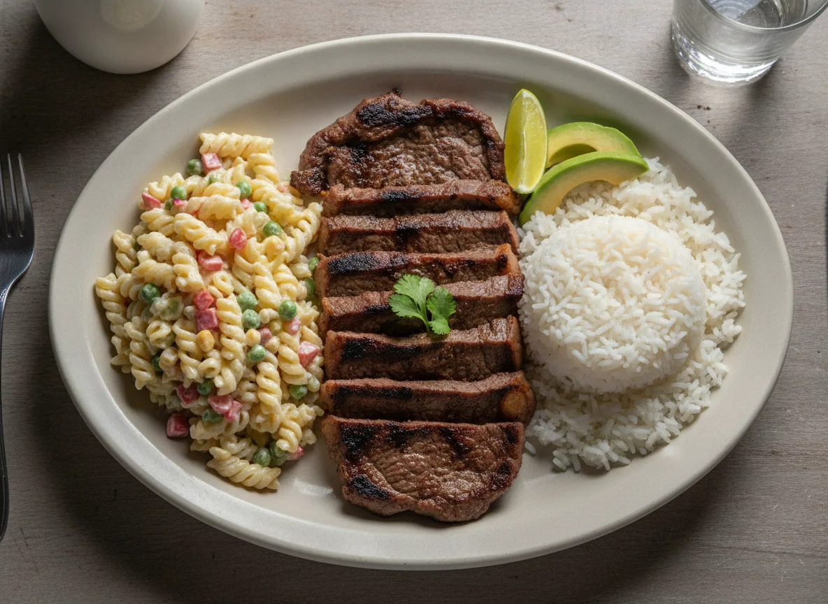Almuerzo con carne, pasta y arroz photo