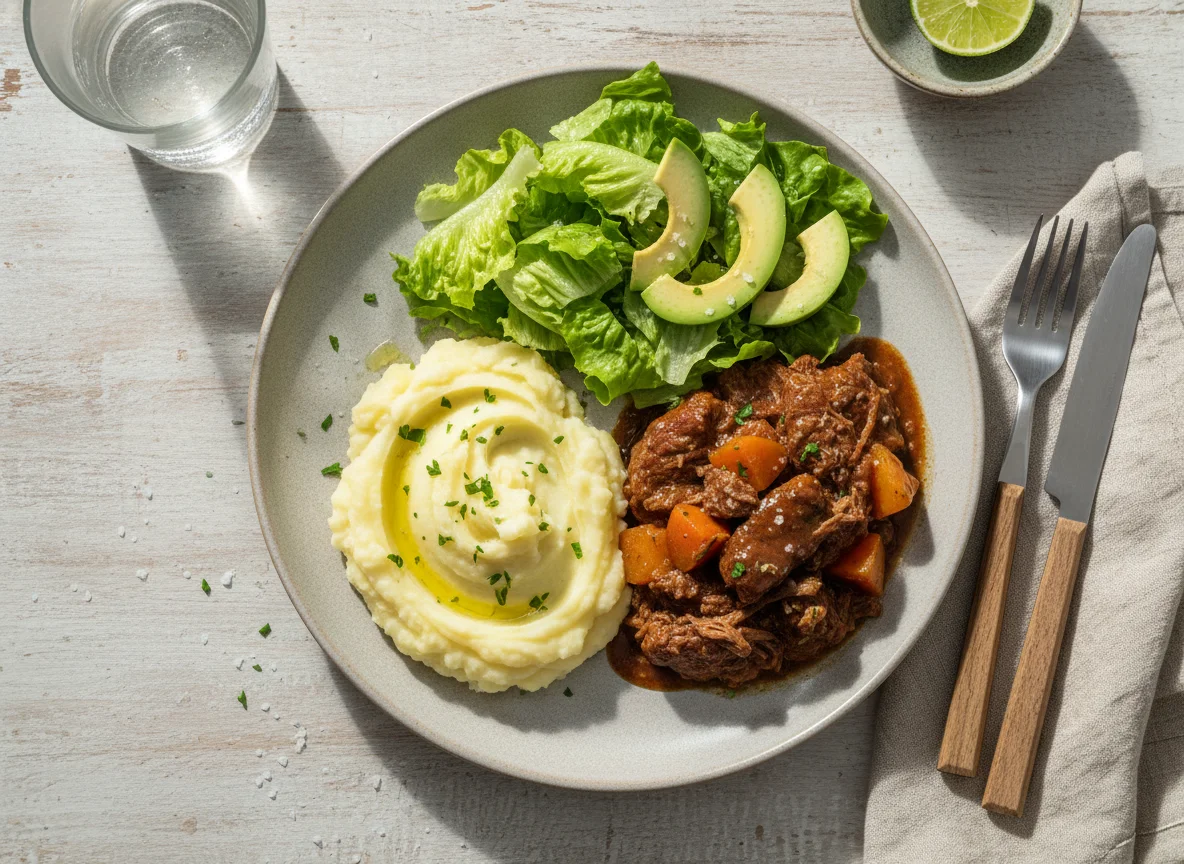 Almuerzo con carne, puré y ensalada photo
