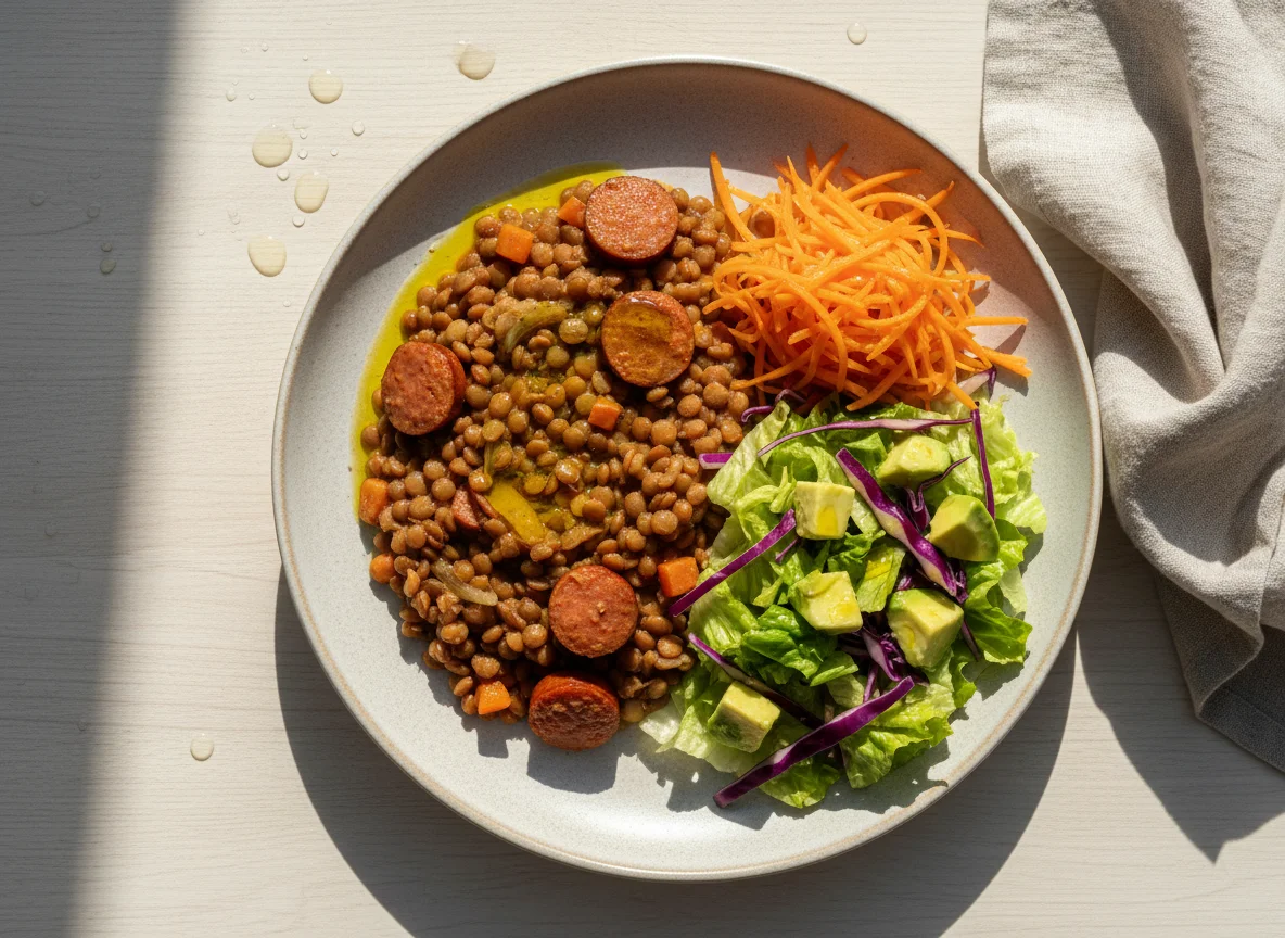 Almuerzo con lentejas y ensalada photo