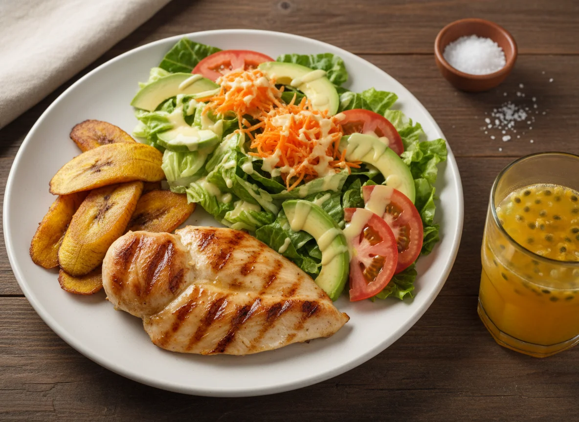 Almuerzo con pechuga de pollo, plátano maduro y ensalada photo
