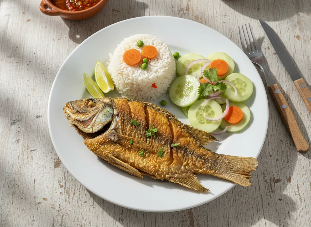 Almuerzo con pescado frito, arroz y ensalada de pepino photo