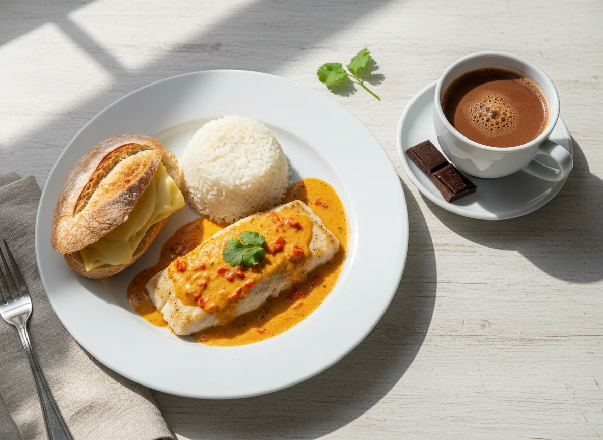 Almuerzo con pescado y chocolate photo