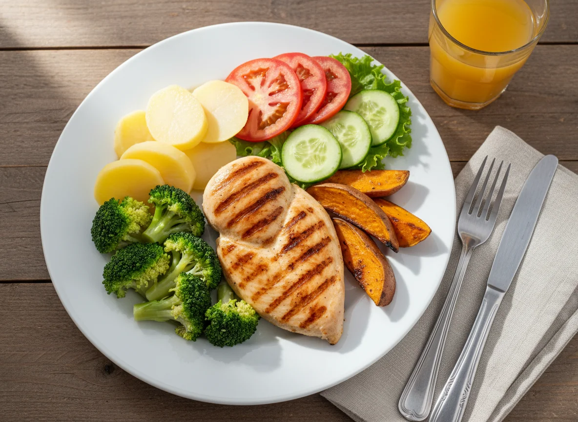 Almuerzo con pollo a la plancha y ensalada photo