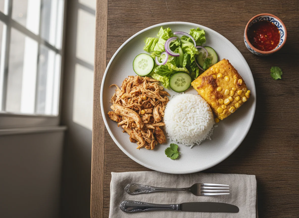 Almuerzo con pollo, arroz, ensalada y budín de choclo photo