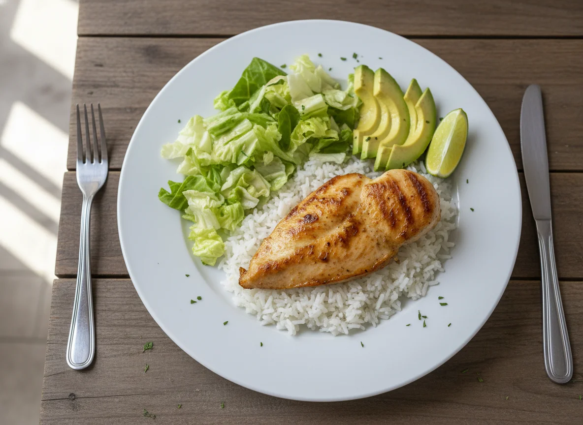 Almuerzo con pollo, arroz, palta y ensalada photo