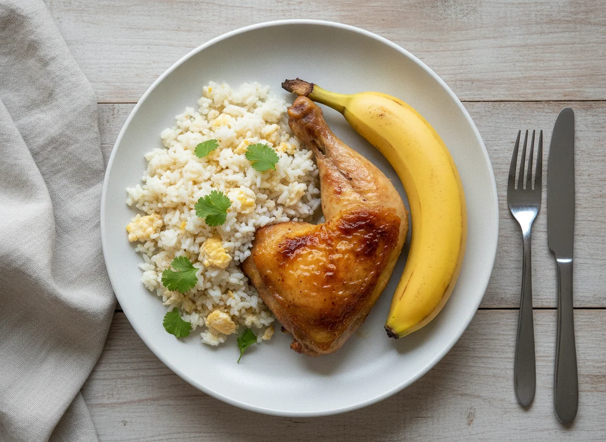 Almuerzo con pollo, arroz y banana photo