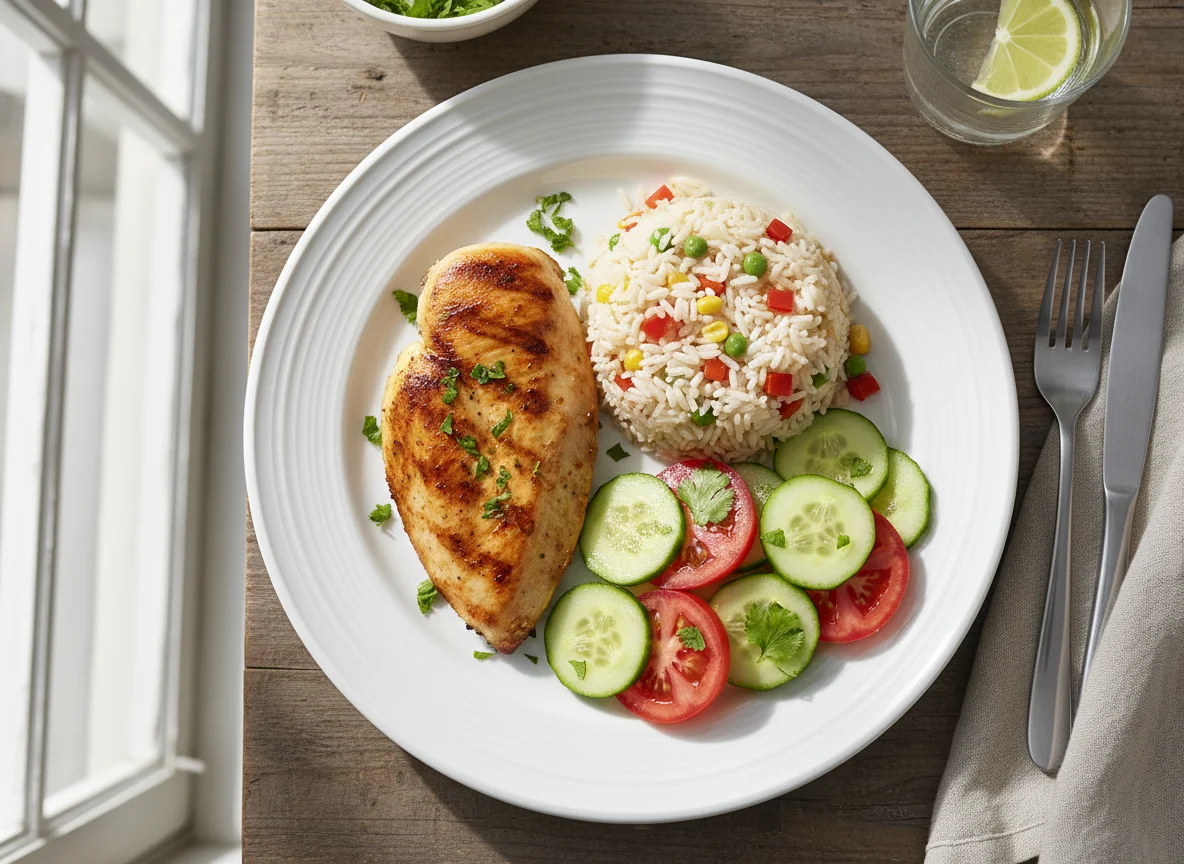 Almuerzo con pollo, arroz y ensalada photo