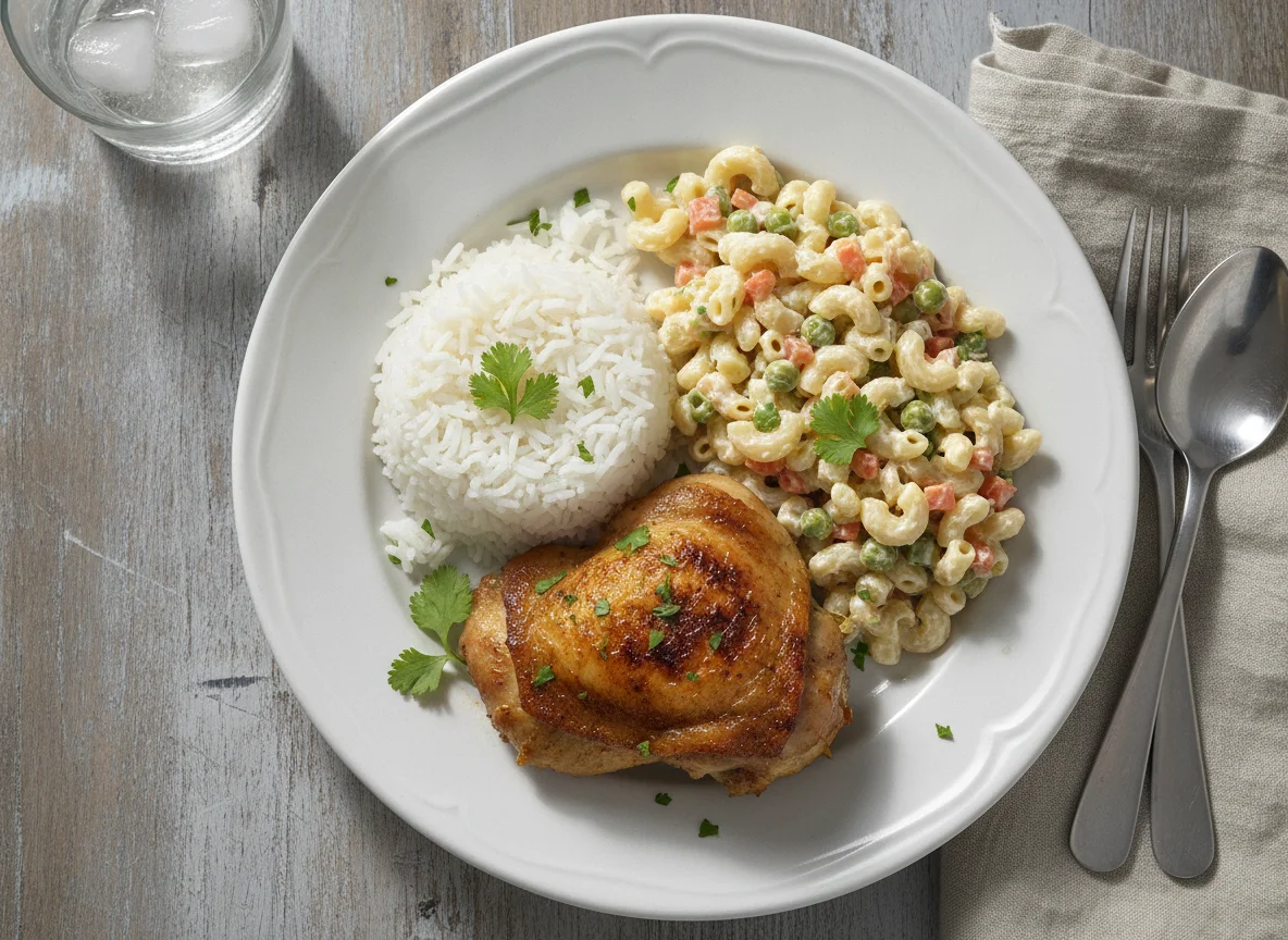 Almuerzo con pollo, arroz y ensalada de pasta photo