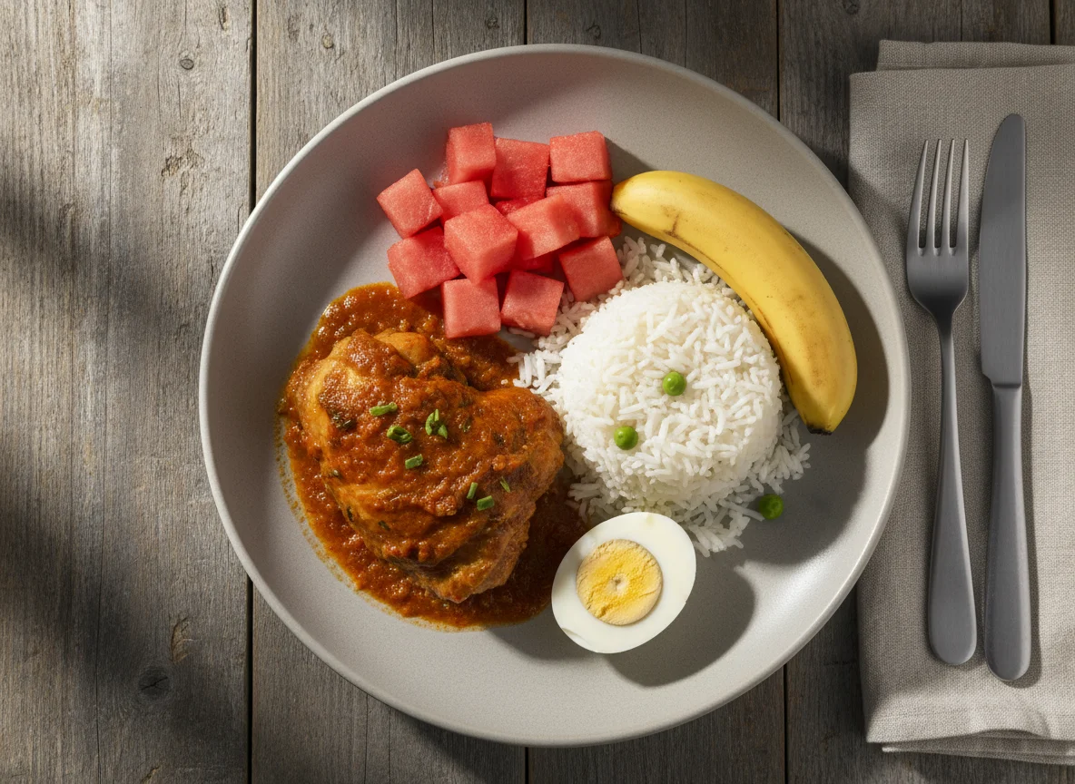 Almuerzo con pollo, arroz y frutas photo