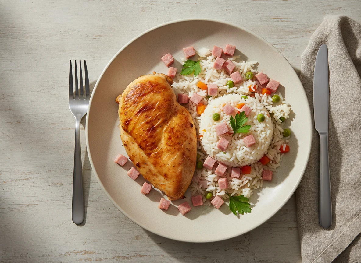 Almuerzo con pollo, arroz y jamón photo