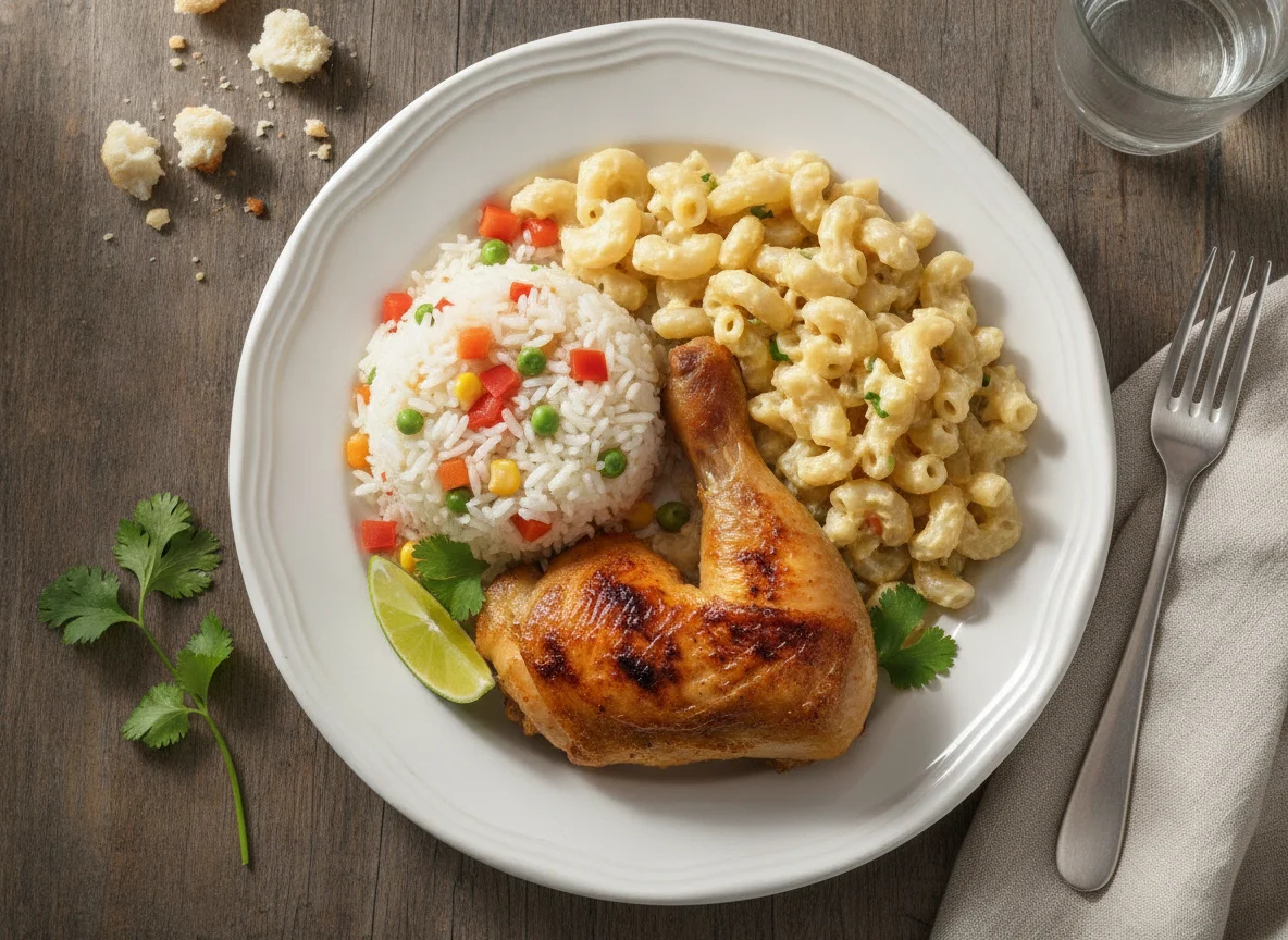Almuerzo con pollo, arroz y pasta photo