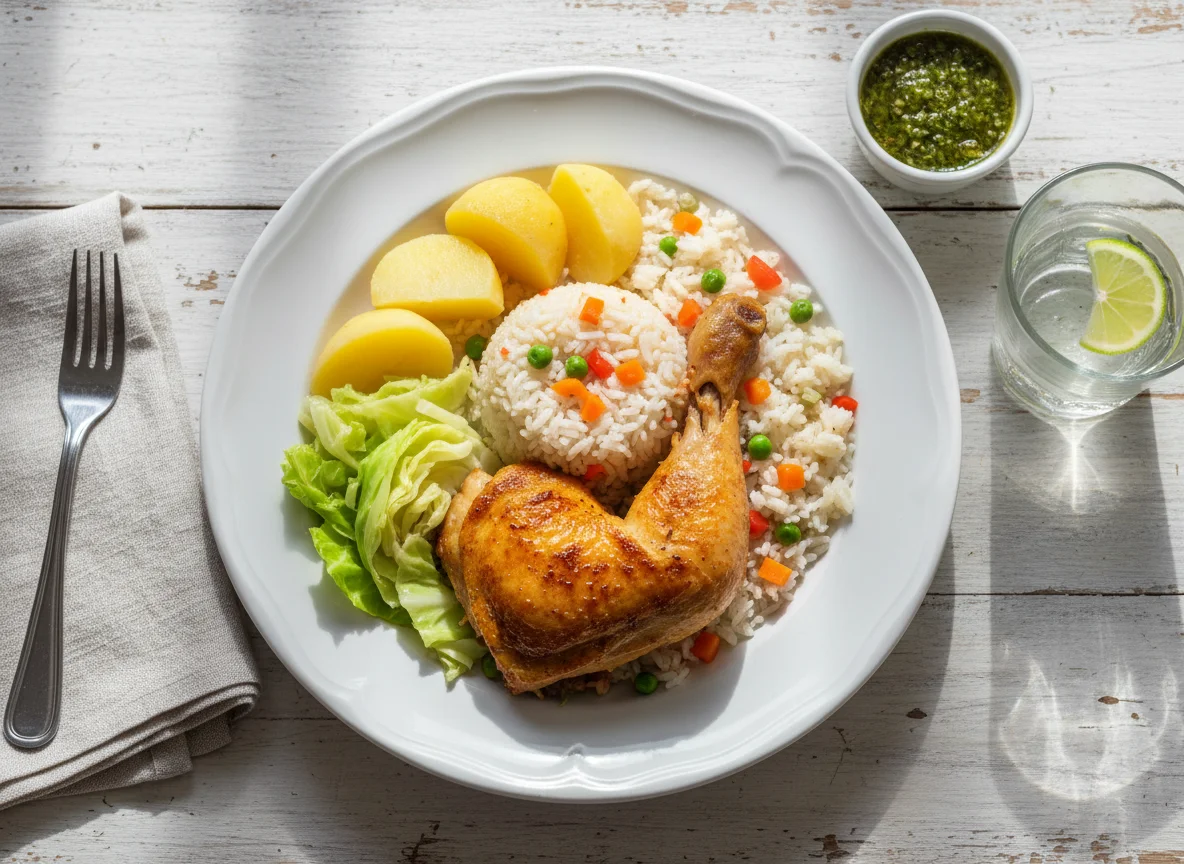 Almuerzo con pollo, arroz y vegetales photo
