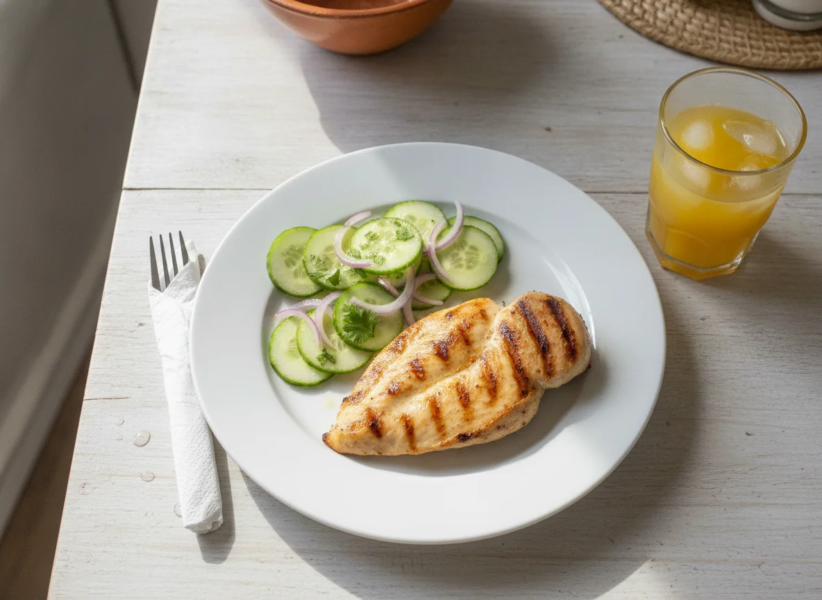 Almuerzo con pollo, ensalada de pepino y jugo de naranja photo
