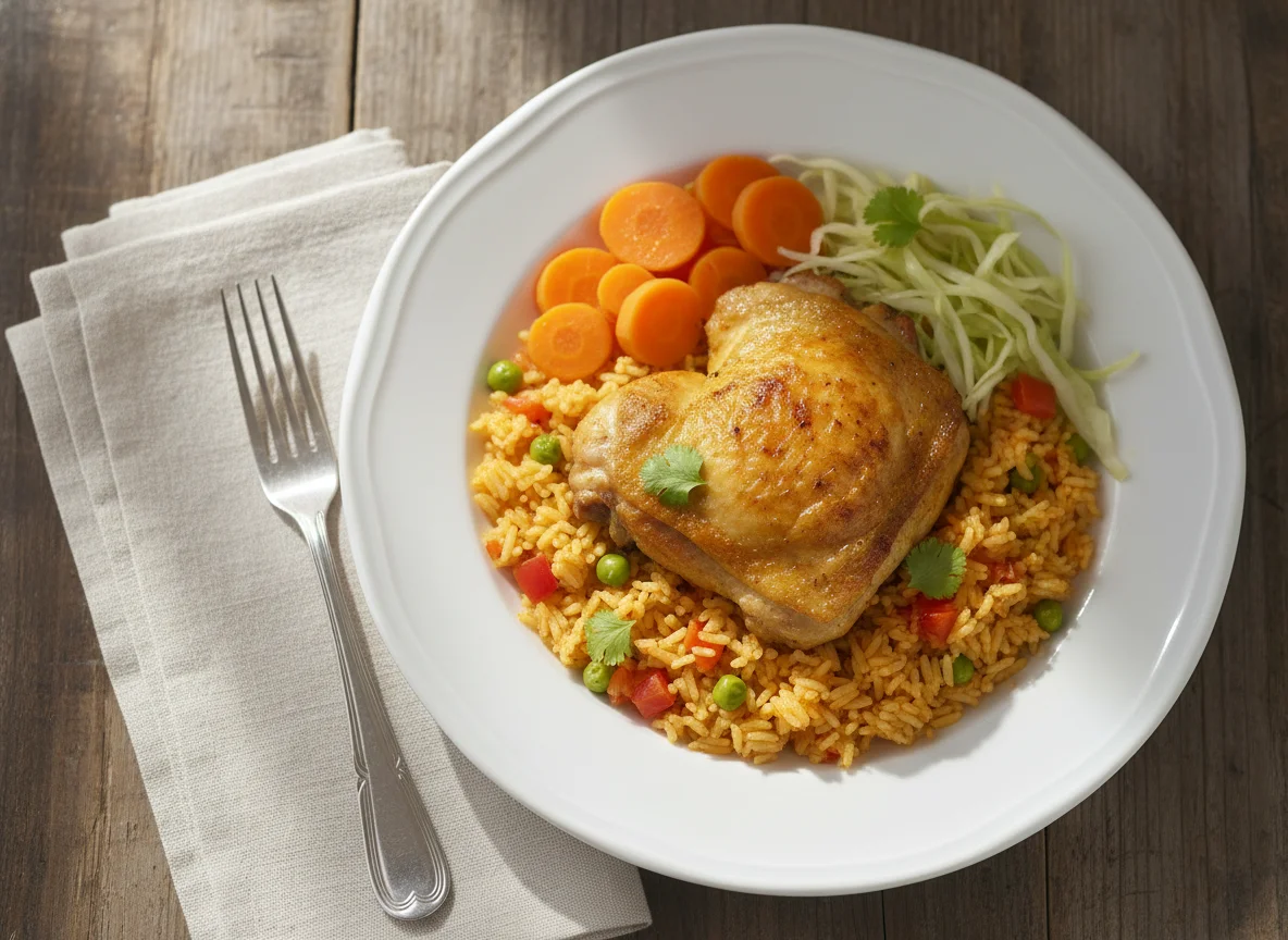 Almuerzo con pollo y arroz photo