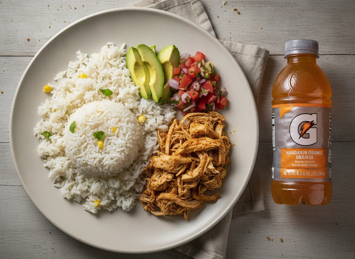 Almuerzo con pollo y arroz, y bebida deportiva photo