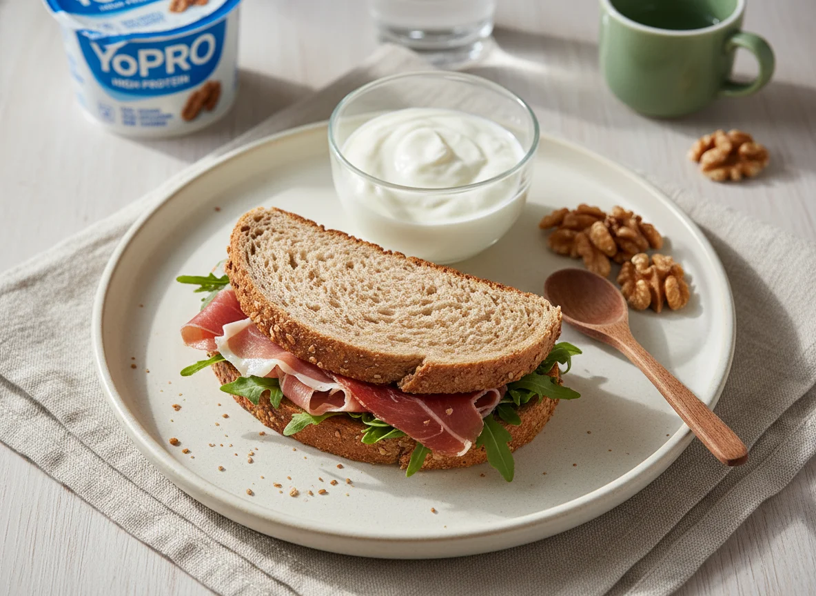 Almuerzo con sándwich de jamón, yogur y nueces photo