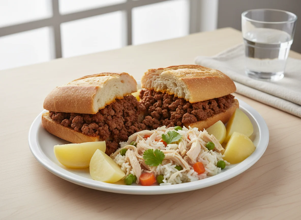 Almuerzo con sándwich y arroz con pollo photo