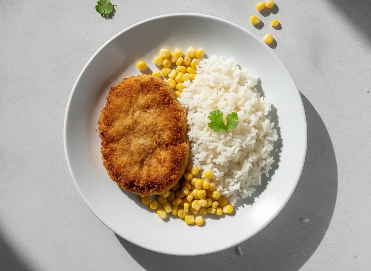 Almuerzo con tortas de carne, arroz y maíz photo