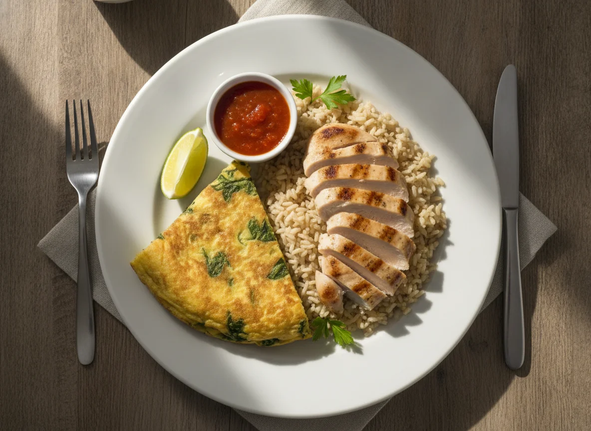 Almuerzo con tortilla, arroz integral y pollo photo