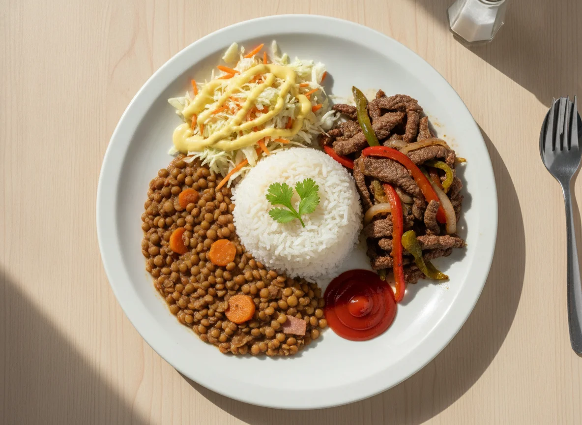 Almuerzo corriente colombiano con carne salteada, lentejas, arroz y ensalada photo
