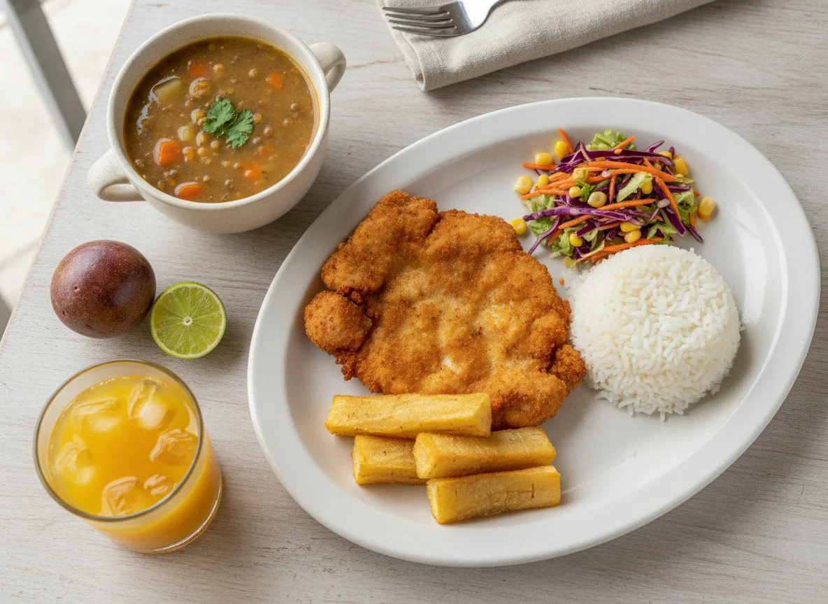 Almuerzo corriente colombiano con chuleta de pollo, arroz, ensalada, sopa y jugo photo