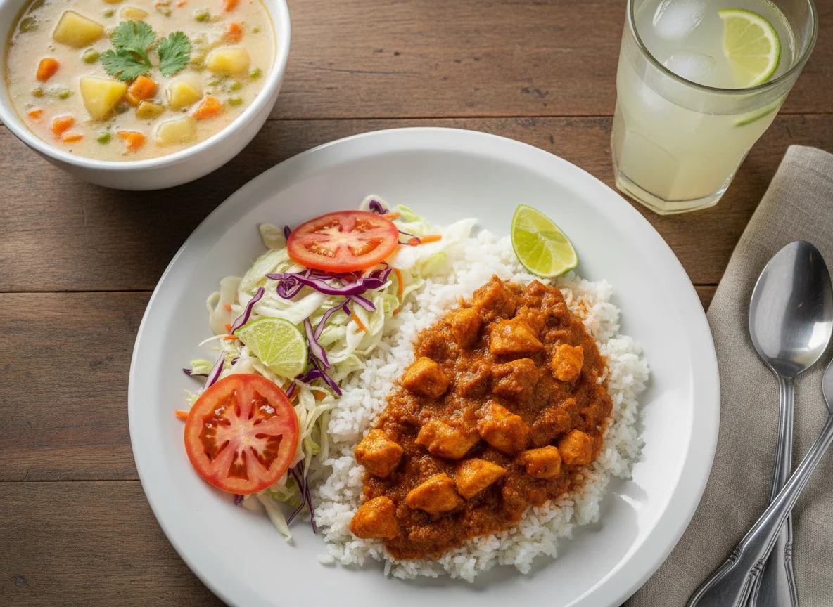 Almuerzo corriente colombiano con pollo en salsa, arroz, ensalada y sopa de papa photo