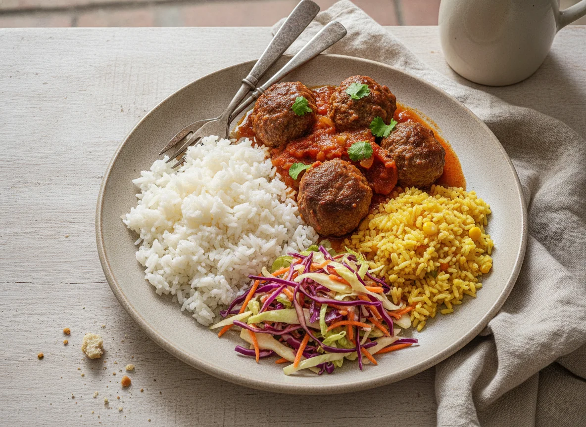 Almuerzo corriente con albóndigas guisadas, arroz y ensalada photo