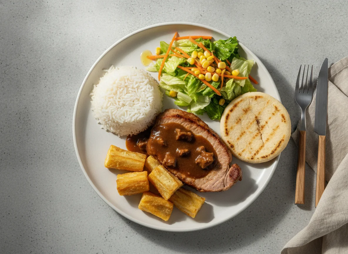 Almuerzo corriente con lomo de cerdo, arroz, ensalada, arepa y yuca frita photo