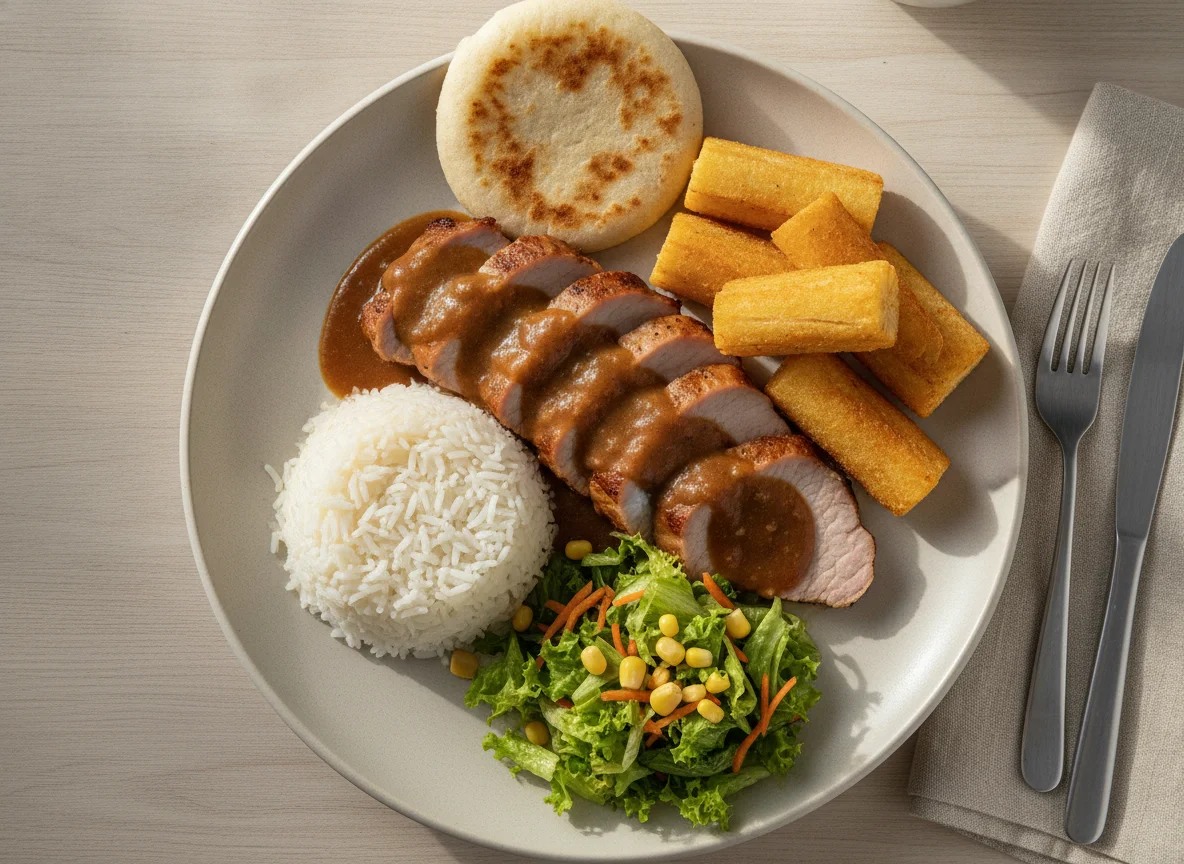 Almuerzo corriente con lomo de cerdo, arroz, yuca frita y arepa photo