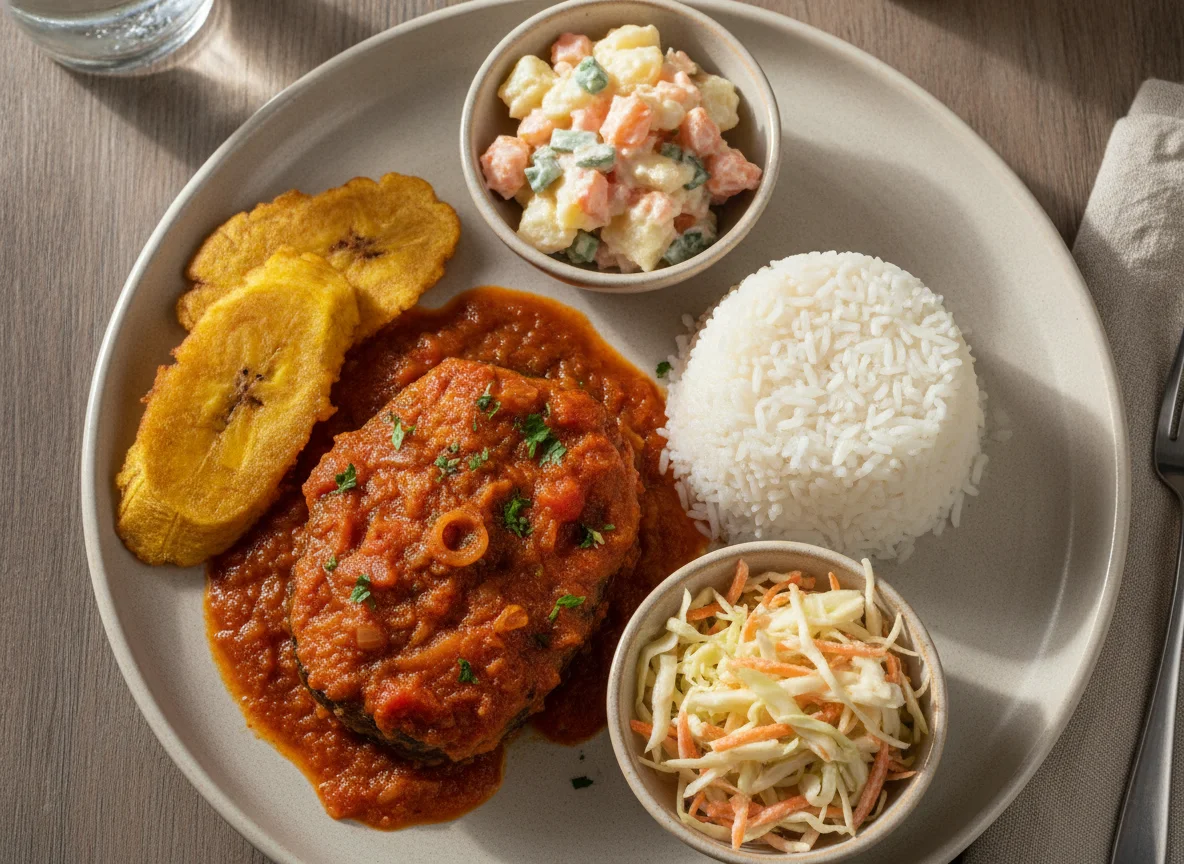 Almuerzo corriente con pescado guisado photo