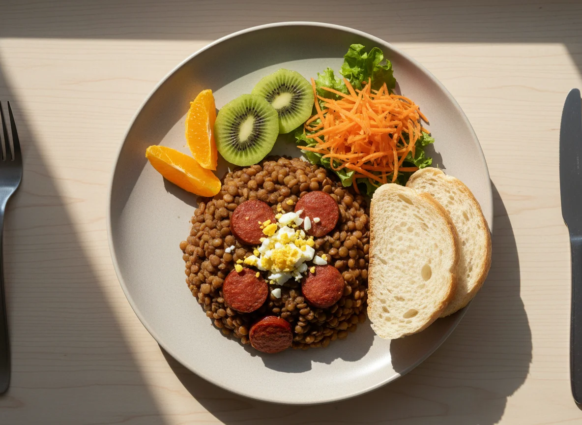 Almuerzo de lentejas con ensalada y fruta photo
