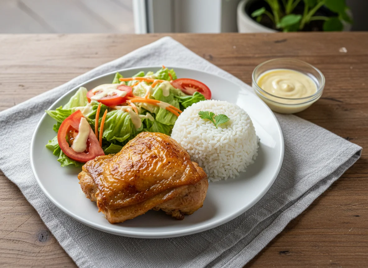 Almuerzo de pollo con arroz y ensalada photo