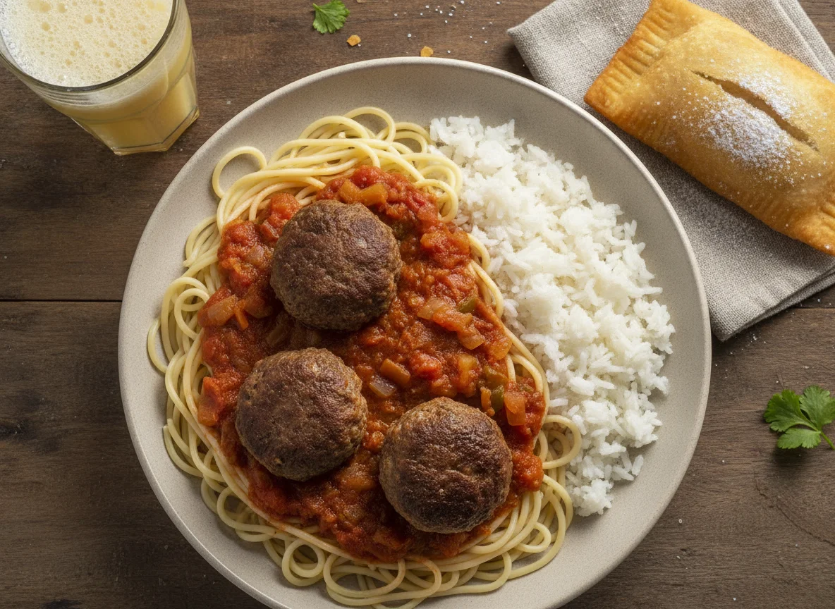 Almuerzo ecuatoriano con tallarín, arroz, albóndigas y empanada photo
