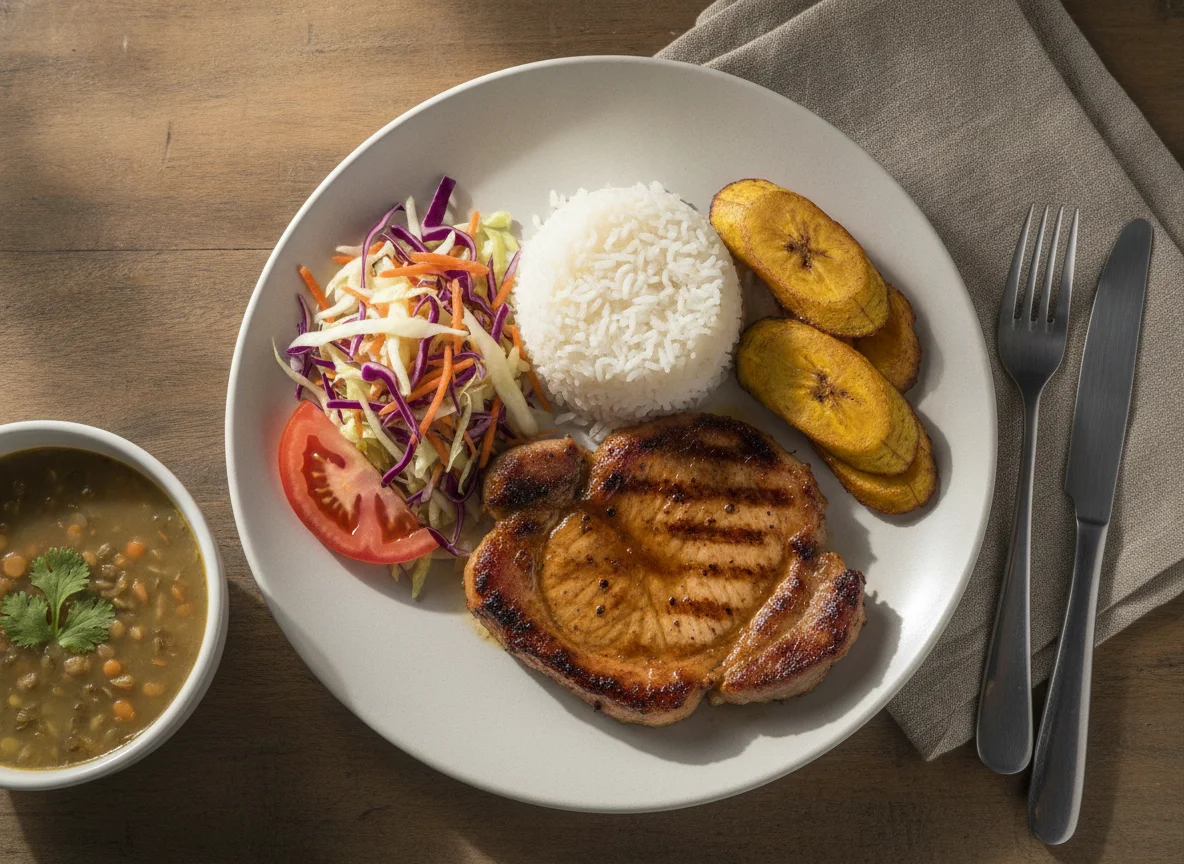 Almuerzo ejecutivo con lomo de cerdo, arroz, plátano y ensalada photo