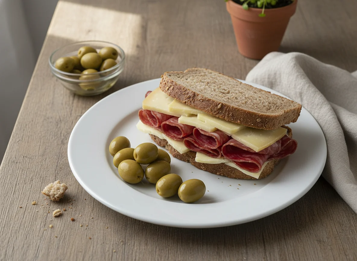 Almuerzo ligero con sándwich y aceitunas photo