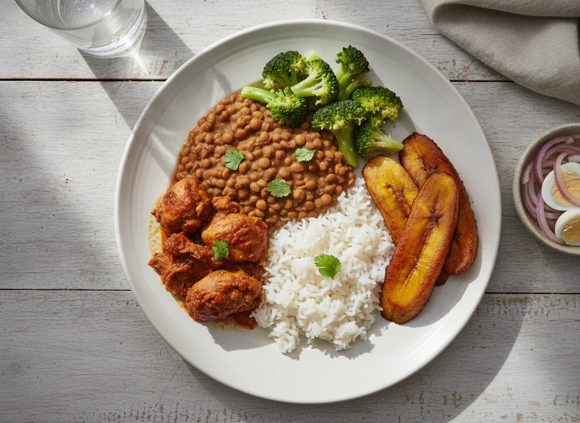 Almuerzo Panameño con Pollo Guisado, Arroz, Lentejas y Brócoli photo