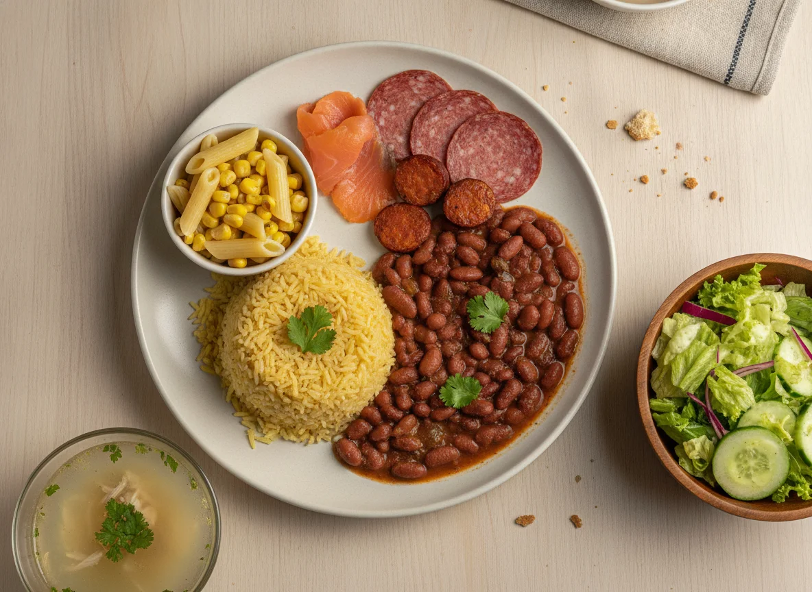 Almuerzo típico colombiano con arroz, frijoles y ensalada photo