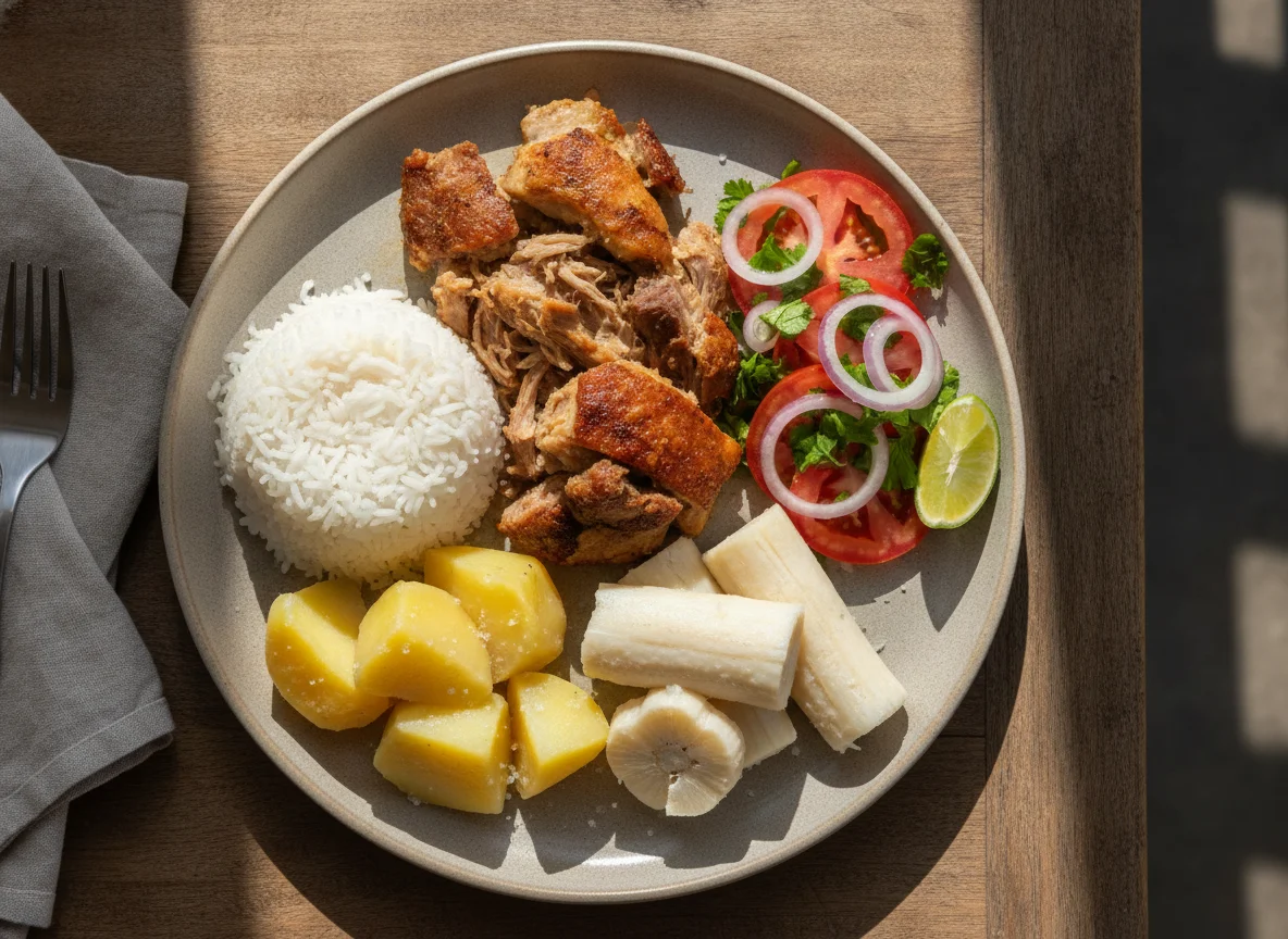 Almuerzo típico colombiano con carne de cerdo, arroz, papa, yuca y ensalada photo